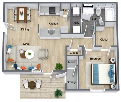 Floor plan for 1 bed, 1 bath, 656 sqft